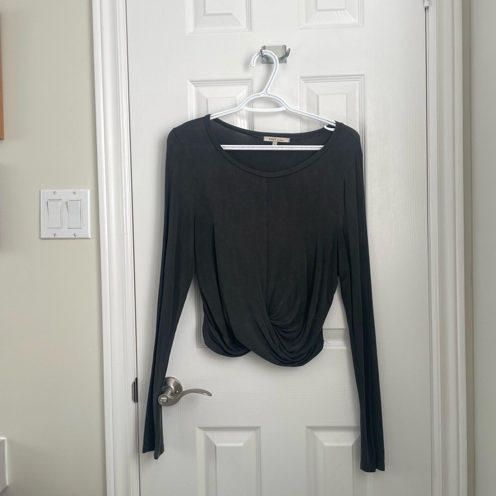 Cozy Casual Black Draped Long Sleeve Blouse